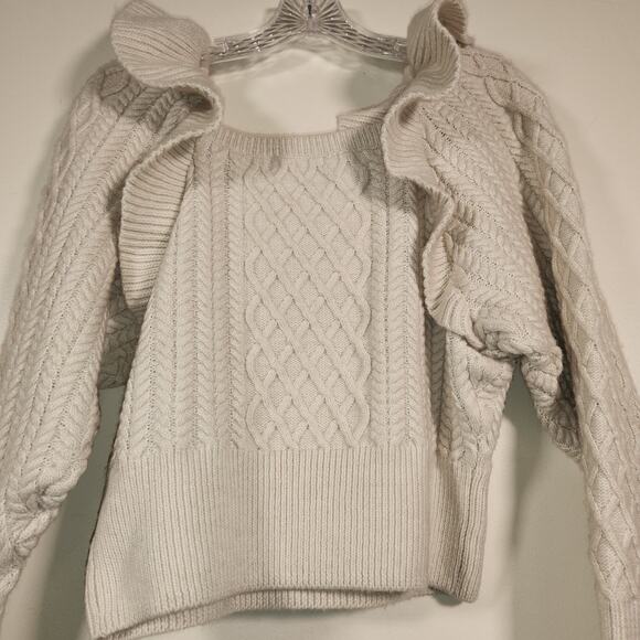 H&M Cream Sweater Womens M Cable Knit Ruffle Shoulder Cropped Neutral Cozy Boho - Picture 8 of 9